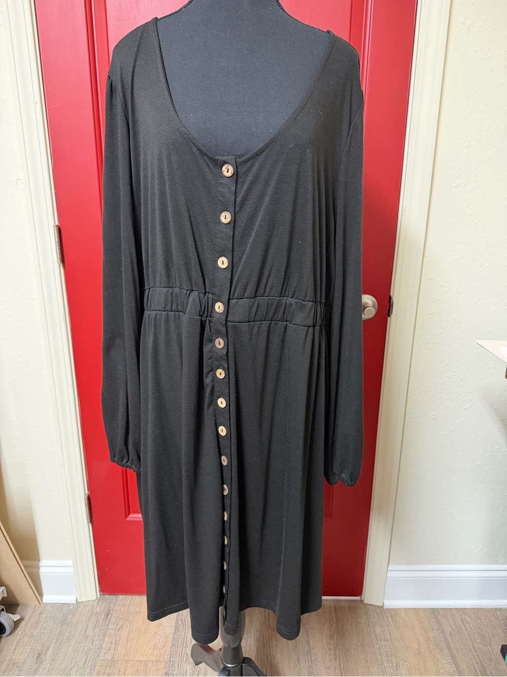 Black Long-Sleeve Button-Front Midi Dress